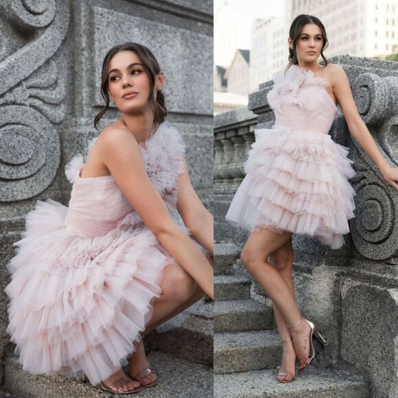 Mac Duggal Dresses & Skirts - Mac Duggal NEW Tulle‎ Ruffle One Shoulder Mini Dress Pastel Mauve $698 - Size 2